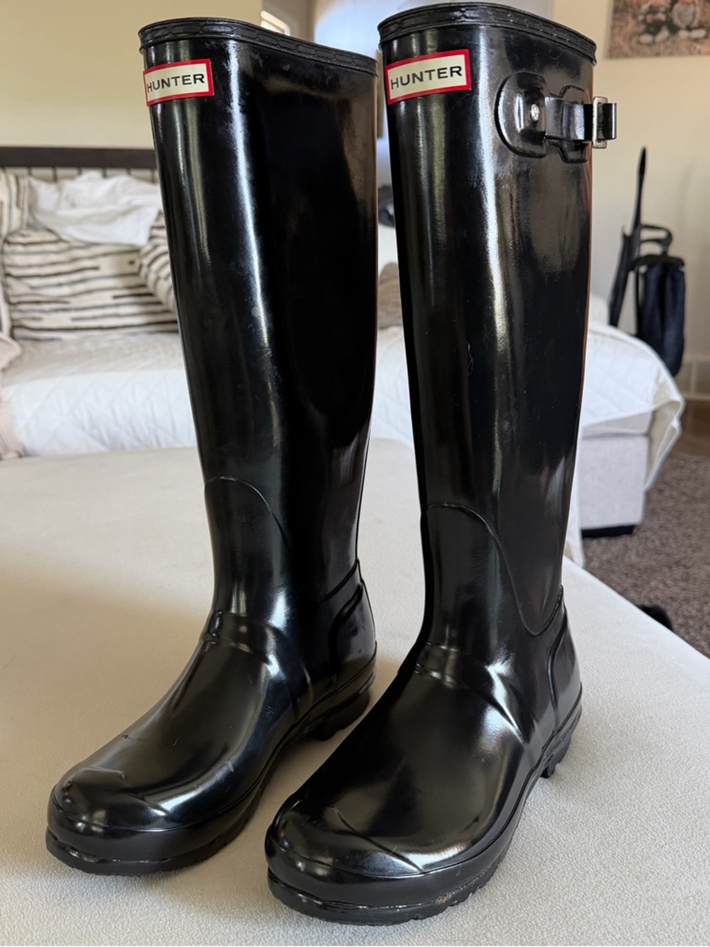 Hunter Black Gloss Tall Boots with Logo Badge